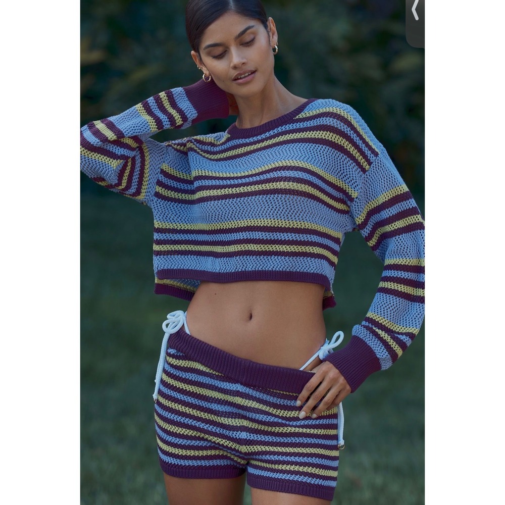 Anthropologie Striped Open Knit Cropped Sweater Open Back Tie purple L